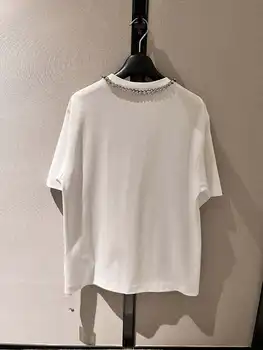 Новая белая футболка с круглым вырезом весной и летом 2023 года на Сицилии с высококачественными повседневными оборками