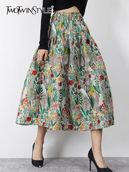 TWOTWINSTYLE, Свободная юбка с цветными блоками и винтажным принтом, женские Повседневные юбки Миди с высокой талией, Женская Модная одежда, Новинка 2022 года