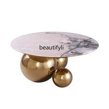 Журнальный столик из натурального мрамора yj Современный простой Журнальный столик с металлическими шариками из нержавеющей стали