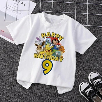 Детская футболка с покемоном, номер дня рождения 1-12, Футболка с Пикачу Каваи, Повседневная одежда с героями Аниме, Футболка, Топы для маленьких девочек и мальчиков