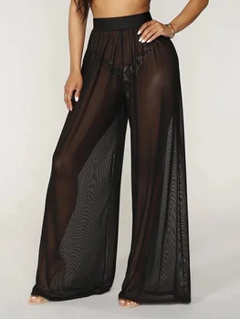 Женские прозрачные брюки в стиле Бохо с широкими штанинами и высокой талией, пляжные длинные свободные сетчатые прозрачные брюки, горячие