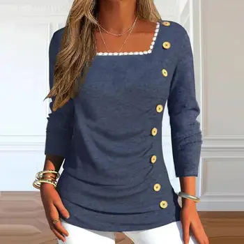 Женская осенняя блузка с квадратным воротником и длинными рукавами, кружевной вырез, пуговицы, декор, приталенная плиссированная футболка, уличная одежда