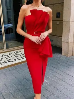 Кружевное облегающее платье без бретелек, однотонное Красное Сексуальное Платье без рукавов, Темпераментный Пуловер для поездок на работу, Женские вечерние платья