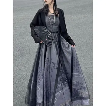 Летнее Улучшенное китайское Традиционное платье Hanfu с черным принтом 2023, Комплект из двух предметов, Женский готический современный костюм для Косплея на Хэллоуин