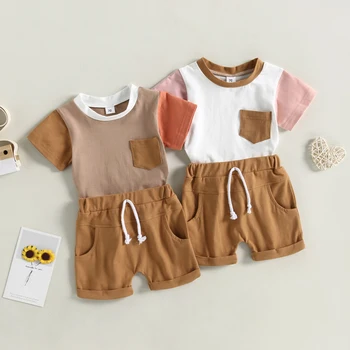 Одежда для маленьких мальчиков, Летняя одежда из 2 предметов, топы с карманами контрастного цвета с коротким рукавом + Шорты с завязками на манжетах, Комплект
