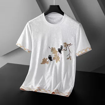 Роскошная высококачественная футболка с вышивкой в виде птицы и цветка, мужской летний свободный повседневный топ большого белого цвета, дышащий, с коротким рукавом