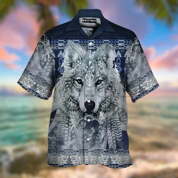 Гавайская рубашка Native White Wolf с 3D Принтом По всему телу, Гавайская Рубашка, Мужская И Женская Повседневная Рубашка Harajuku, Унисекс