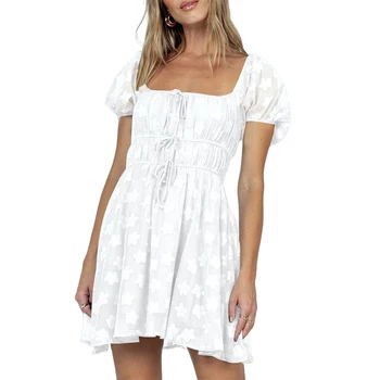 Женское летнее мини-платье с Коротким Пышным рукавом, Эластичный пояс, Однотонное платье Трапециевидной формы с завязками спереди