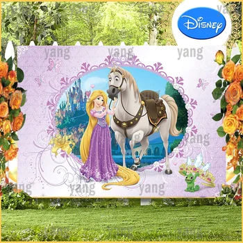 Вечеринка Диснея, Красивый фон с конем в замке, Длинные желтые волосы Принцессы, Розовый фон на заказ, украшение для детского Дня рождения