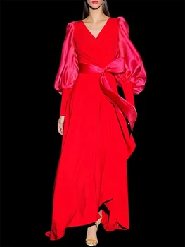 Delocah/ Высококачественное весеннее женское модное подиумное платье Макси с разрезом и поясом, с длинным рукавом-фонариком, однотонные вечерние платья с принтом