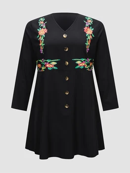 Женское платье Finjani размера плюс с цветочным принтом на подоле, платье 2023, Осенне-зимние Новые Свободные платья с V-образным вырезом и пуговицами спереди