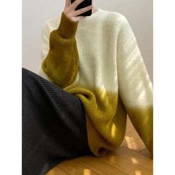 Мягкий клеевой флисовый пуловер из искусственной норки, свитер, женский зимний свитер 2022 года, градиентный цвет, круглый вырез, вязаный свитер с длинным рукавом, топ
