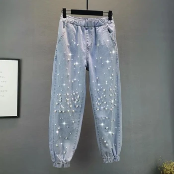 Корейские модные тонкие джинсы, женские летние Повседневные Свободные джинсовые брюки длиной до щиколоток, Эластичный пояс, шаровары с бисером, Уличная одежда