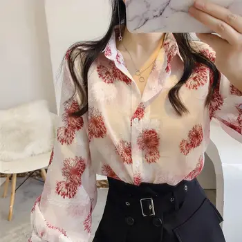 Летняя тонкая прозрачная женская рубашка с длинными рукавами 2021, шифоновая рубашка с цветочным принтом и рукавом-фонариком, женская рубашка