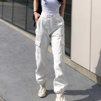 Корейские модные Тонкие Брюки-карго с несколькими карманами, Женская одежда, брюки в мотоциклетном стиле, Белые персонализированные длинные брюки в стиле хип-хоп
