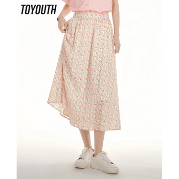 Женская юбка Toyouth 2023, Летняя юбка с эластичной талией А-образной формы, Свободная, с масляным цветочным принтом, Модная Элегантная Юбка средней длины для повседневного отдыха