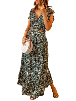 Женские летние наряды из 2 предметов, укороченные топы с оборками и V-образным вырезом, Длинная Юбка с цветочным рисунком, Весенние платья с цветочным рисунком, Солнцезащитное платье для женщин
