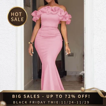 Женское модное платье 2023 года с открытыми плечами, оборками, в стиле пэчворк, с вырезом лодочкой, Русалка, Вечернее Элегантное Розовое платье Макси