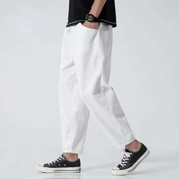 2023 Новые летние повседневные брюки из 100% хлопка, Мужские Модные японские укороченные брюки, свободные брюки, мужские брюки 5xl
