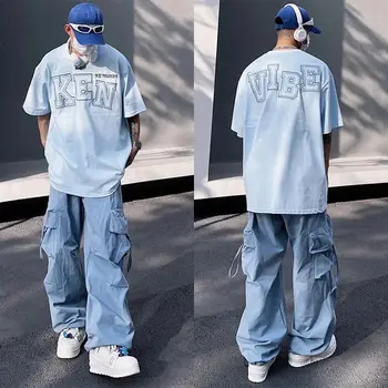 Мужские брюки-карго HOUZHOU Y2K в стиле хип-хоп Harajuku, брюки-карго с парашютом, мужские синие японские свободные повседневные уличные брюки в стиле хип-хоп