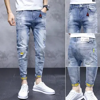 Модные джинсы элитного бренда Harajuku, оригинальный дизайн, облегающий крой, Рваные потертые джинсовые брюки для мужчин в стиле Бойфренд в ковбойском стиле