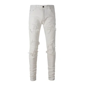 Новые поступления, мужская Бежево-белая тонкая Уличная одежда, Потертая обтягивающая бандана для улицы, Рваные джинсы в стиле пэчворк