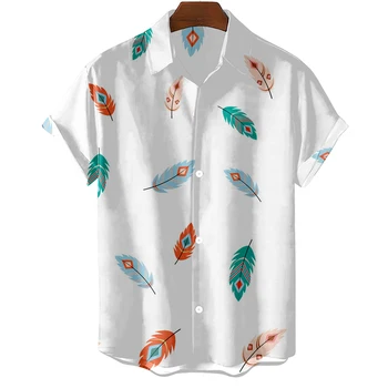 Модная Оригинальная Мужская рубашка, Гавайская Повседневная Мужская рубашка, Приталенные Топы с коротким рукавом, Негабаритный Простой принт из перьев, Camisa MasculinaA