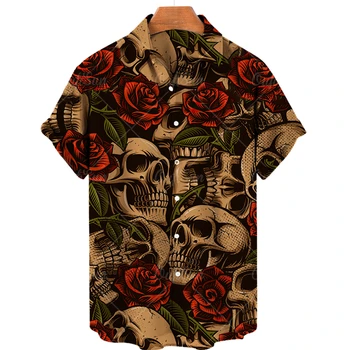 Мужская Гавайская Рубашка, Свободный Топ 5xl, Рубашки с 3D принтом Черепа, Рубашки для мужчин 2022, Модная Рубашка, Мужская Женская футболка, Дышащая Летняя футболка с коротким рукавом