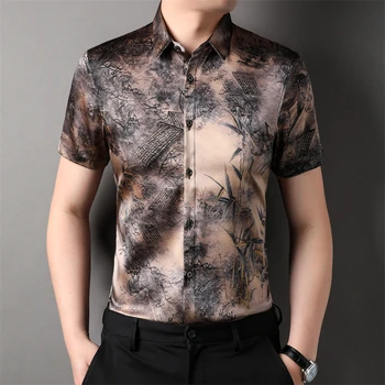 Винтажная роскошная мужская рубашка из натурального шелка с 3D Принтом, Короткий рукав, Повседневная Летняя Высококачественная Мягкая Удобная Домашняя рубашка большого размера