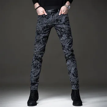 Европейские летние джинсы мужские тонкие ноги индивидуальность граффити печать черные повседневные длинные брюки мужские брюки