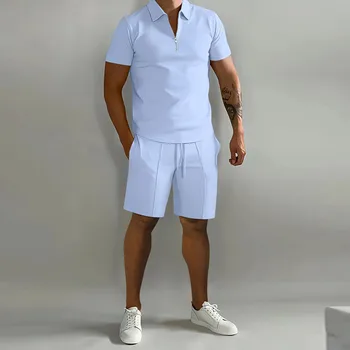 Летняя Тонкая рубашка Поло с коротким рукавом + спортивные шорты, 2 предмета, Новый мужской спортивный костюм, мужской однотонный комплект, повседневная спортивная одежда для бега трусцой