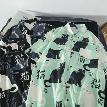 Летняя мужская Гавайская рубашка с коротким рукавом и 3D принтом животного Черного кота, Большой Размер, Гавайские мужские Пляжные рубашки с цветочным рисунком