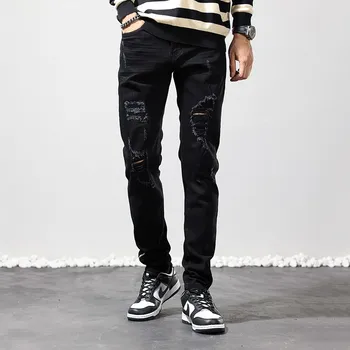 Высокие Уличные Модные Мужские джинсы, Черные Стрейчевые облегающие Рваные джинсы, Мужские брюки в стиле панк, Дизайнерские брюки в стиле хип-хоп на молнии Снизу, Hombre