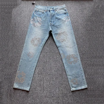Джинсы с рисунком Капок, инкрустированные бриллиантами, Мужские И женские винтажные джинсовые брюки Kanye Оверсайз