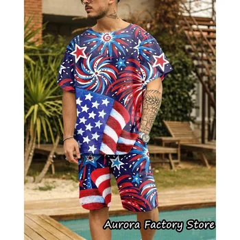 Летний мужской спортивный костюм с принтом американского флага, Футболка США, Комплект шорт, винтажный костюм, Мужская модная одежда, Повседневная одежда для бега трусцой