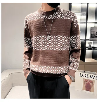 Модный свитер с бриллиантовым принтом в Британском Стиле, Мужской Пуловер, Осенний свитер Для мужчин, вязаный свитер с круглым вырезом