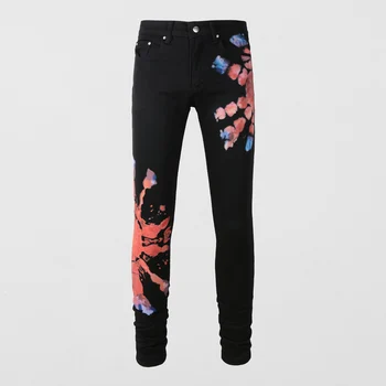 Высокие Уличные Модные мужские джинсы, Черные Эластичные джинсы с принтом в обтяжку, мужские раскрашенные дизайнерские брюки в стиле хип-хоп, Бренд Hombre