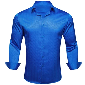 Роскошные Шелковые рубашки для мужчин, Атласные Синие Однотонные мужские Блузки с длинным рукавом, Повседневные вечерние топы, дышащие Barry Wang