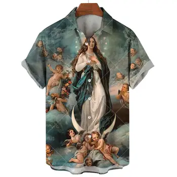 Мужская рубашка с рисунком Девы Марии Мужская одежда Свободного Размера Топ с короткими рукавами Модная Повседневная одежда для отдыха