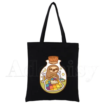 Ленивец, Черные женские сумки, холщовые сумки для покупок, многоразовая хозяйственная сумка, Эко Складная