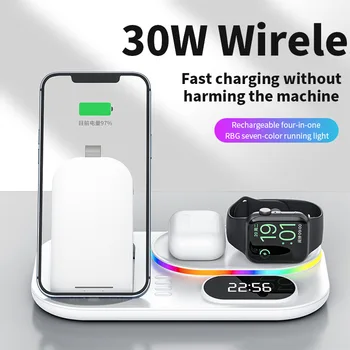 4 в 1 Быстрое Беспроводное Зарядное Устройство 30 Вт Для iPhone Смарт-Часы TWS Bluetooth Наушники Qi Быстрая Зарядная панель для Samsung Xiaomi Mi Huawei