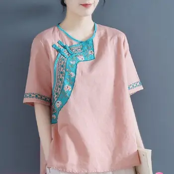 Новая Летняя хлопковая Льняная рубашка Большого размера 2021, Женская Китайская Винтажная вышивка, Нерегулярные Свободные Удобные Женские Топы, Рубашки