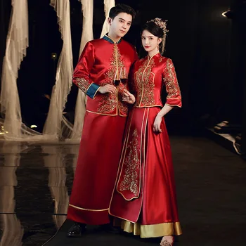 Китайское Традиционное Свадебное Платье Ципао с Вышивкой Блестками Для Невесты и Жениха китайская одежда