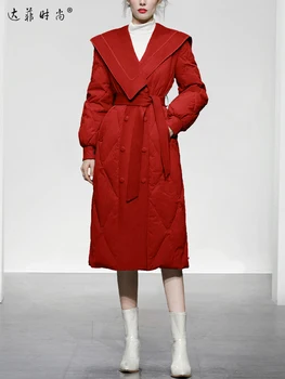 Модное Женское Зимнее пуховое пальто 2022, Красное, с тонкой талией, средней длины, Белое пальто на утином пуху, Толстая верхняя одежда с отложным воротником
