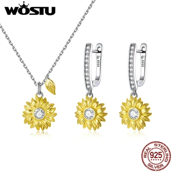 WOSTU, комплект ювелирных изделий Sunflow из натурального серебра 925 пробы, серьги-гвоздики и ожерелье-цепочка для женщин, роскошные ювелирные изделия S222