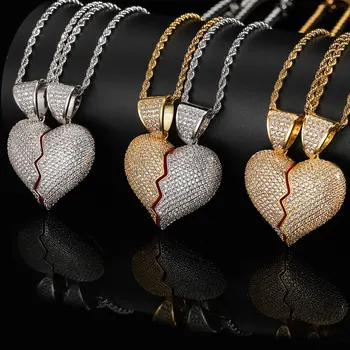 2023 Новый Стиль хип-хоп мода Iced Out CZ Ожерелье с наполовину разбитым сердцем, подвески, пара ювелирных изделий