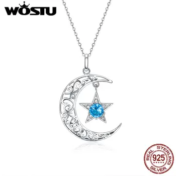 WOSTU Настоящее ожерелье из Стерлингового серебра 925 пробы с сияющей Луной и звездой, Синий Круглый кулон с фианитами Для женщин, ювелирные изделия для Помолвки, CQN278