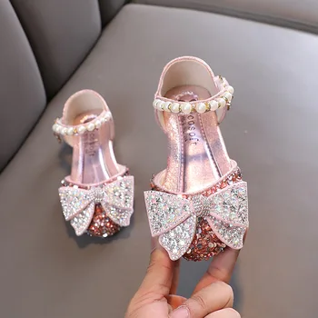 Розовые Сандалии Принцессы для девочек, Летние Новые Модные Милые танцевальные туфли с блестящим бантом, Детские сандалии на плоской подошве J30