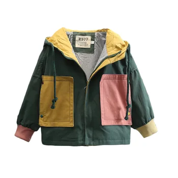 Детская одежда, Осень 2023, Новая детская куртка, Хлопковое пальто с капюшоном в стиле пэчворк с большим карманом для мальчиков, Цветное пальто