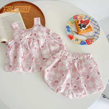 Костюм Для новорожденных девочек, футболка без рукавов с вишневым бантом + шорты, летняя милая одежда для девочек, костюм для маленьких девочек